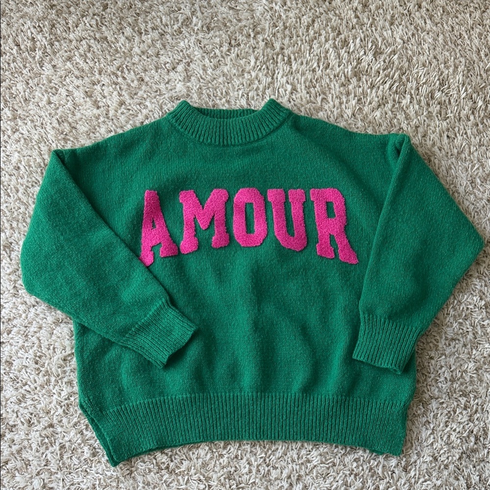 Green Crewneck Sweater with Pink "AMOUR" Lettering